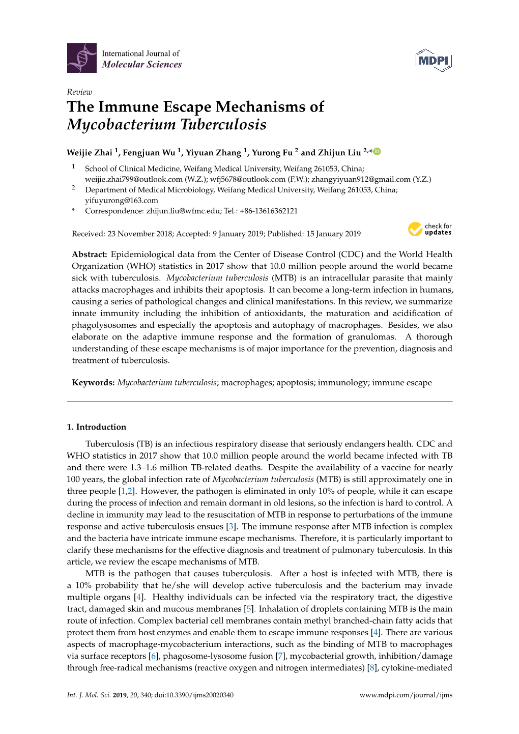 The Immune Escape Mechanisms of Mycobacterium Tuberculosis