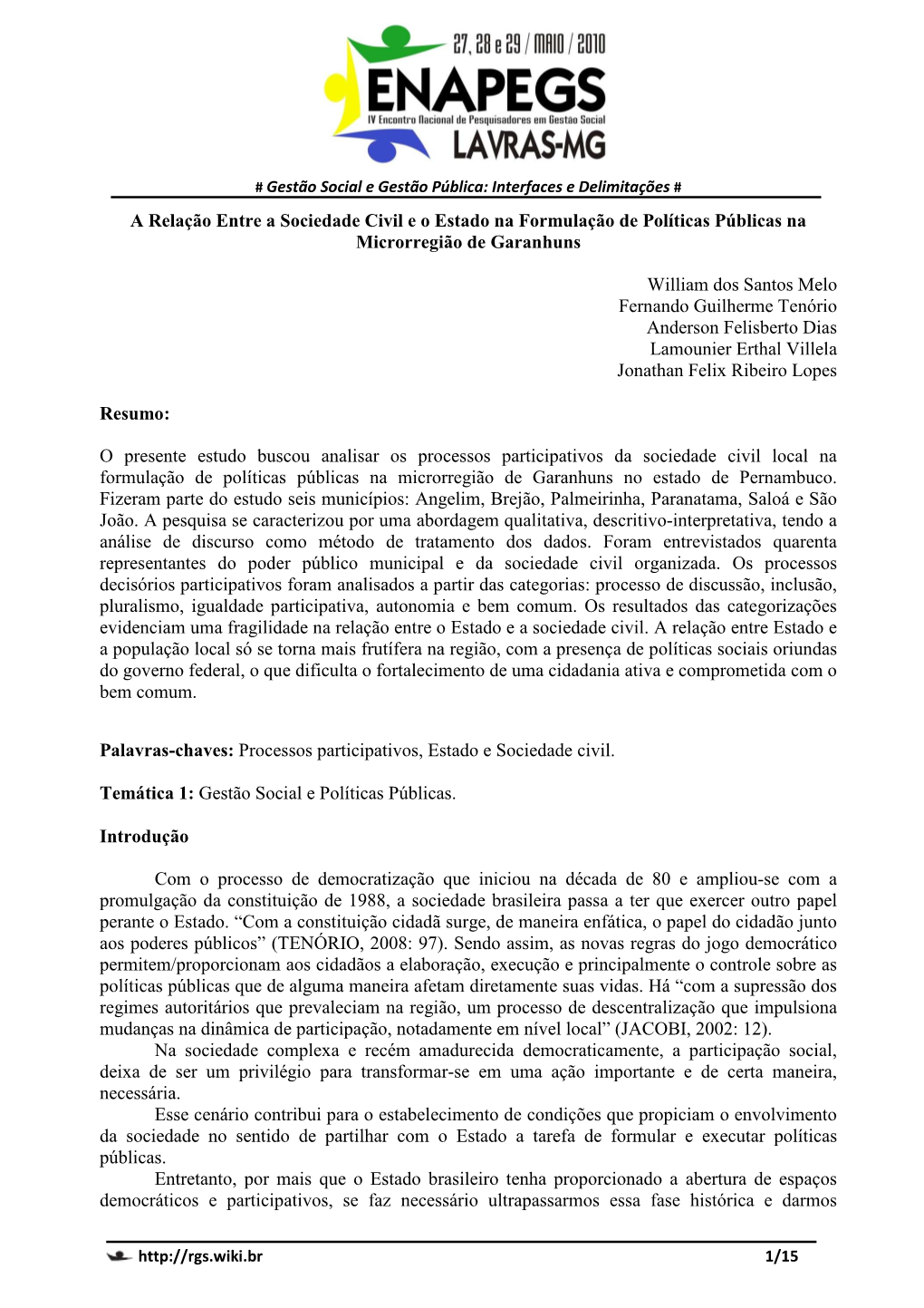 A Relação Entre a Sociedade Civil E O Estado Na Formulação De Políticas Públicas Na Microrregião De Garanhuns