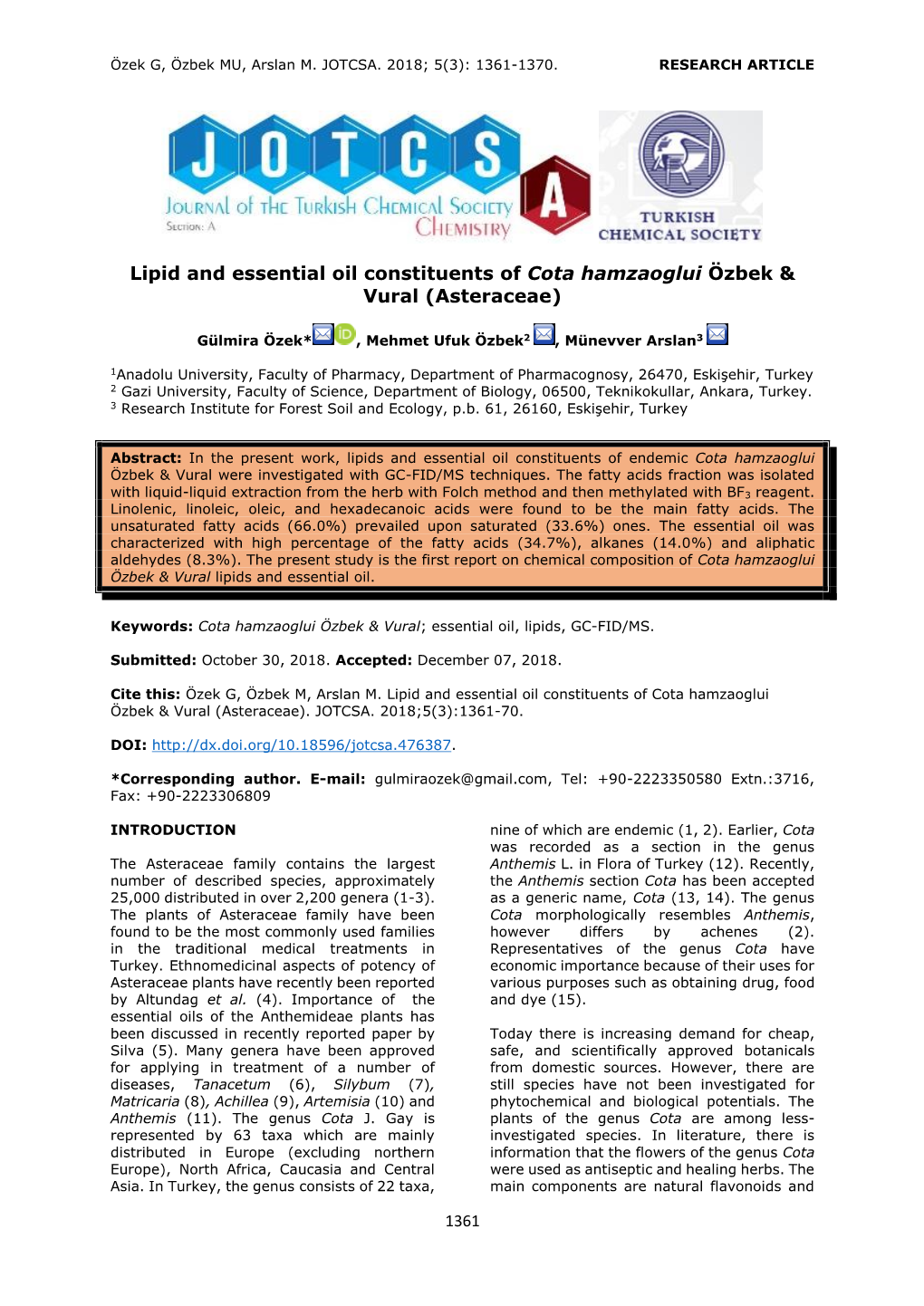 Lipid and Essential Oil Constituents of Cota Hamzaoglui Özbek & Vural