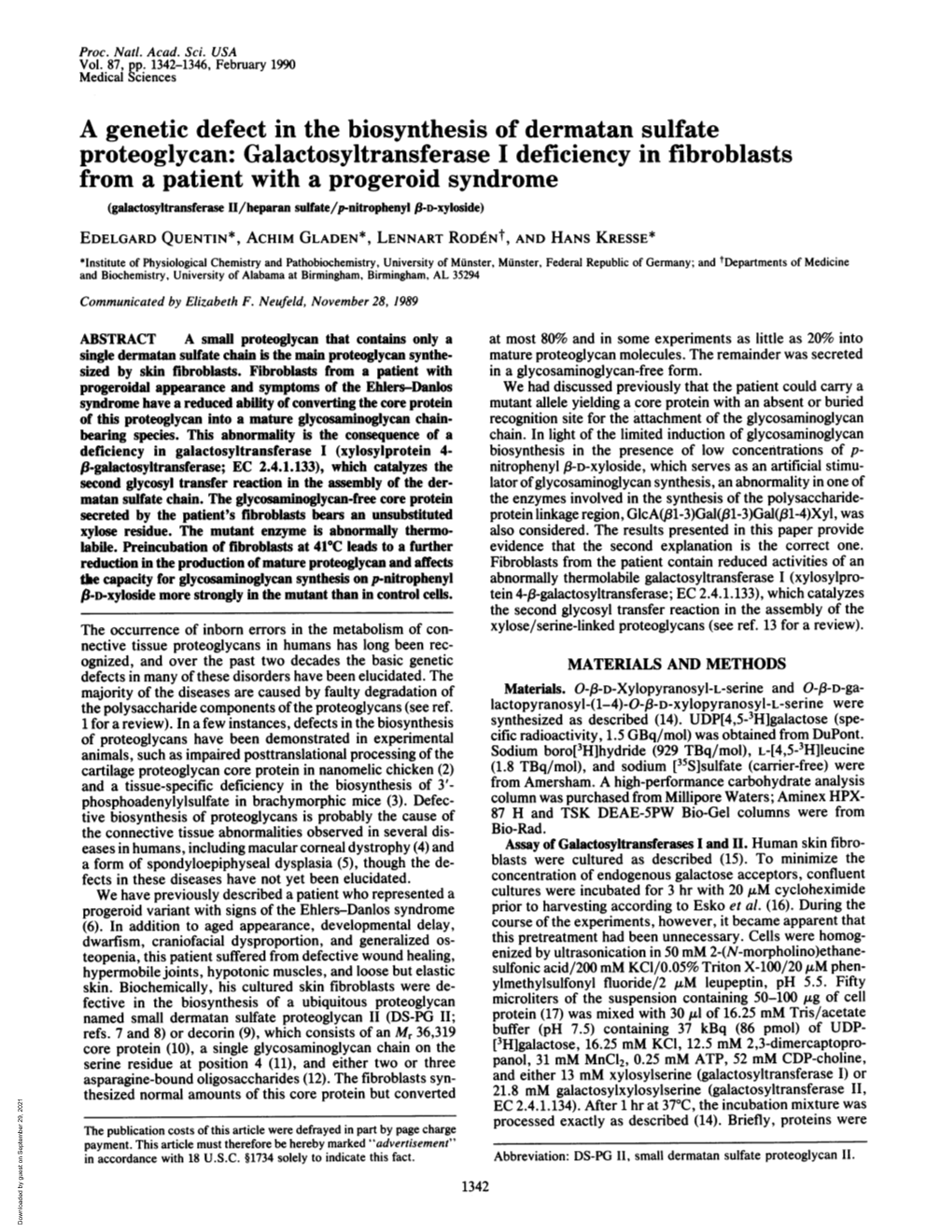 A Genetic Defect in the Biosynthesis of Dermatan Sulfate Proteoglycan