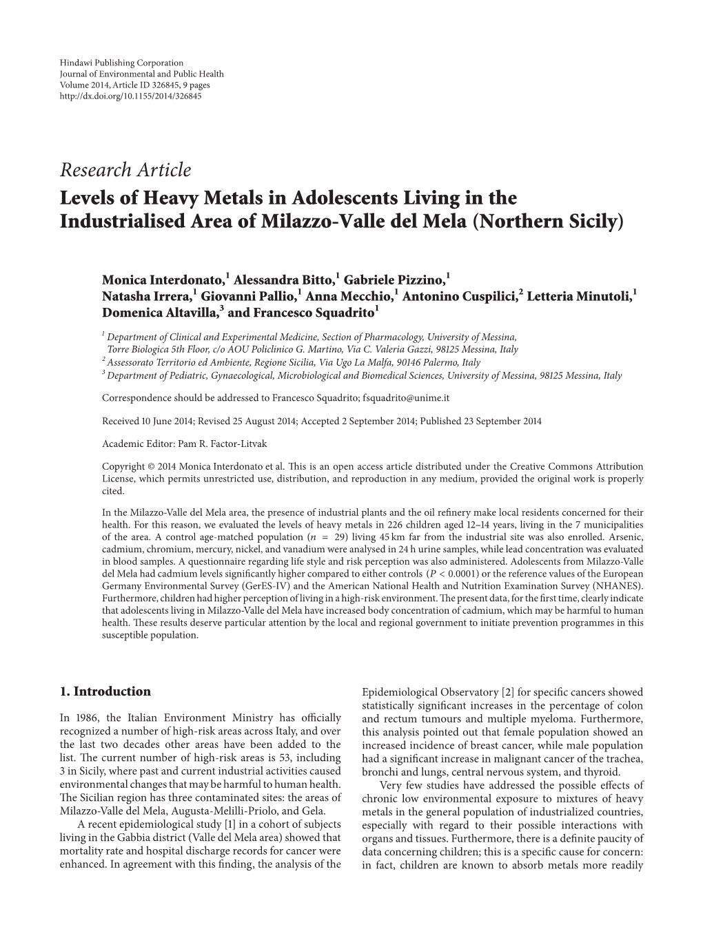 Levels of Heavy Metals in Adolescents Living in the Industrialised Area of Milazzo-Valle Del Mela (Northern Sicily)