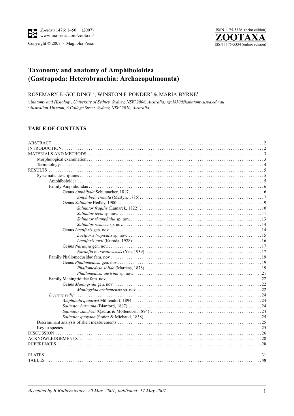 Zootaxa 1476: 1–50 (2007) ISSN 1175-5326 (Print Edition) ZOOTAXA Copyright © 2007 · Magnolia Press ISSN 1175-5334 (Online Edition)