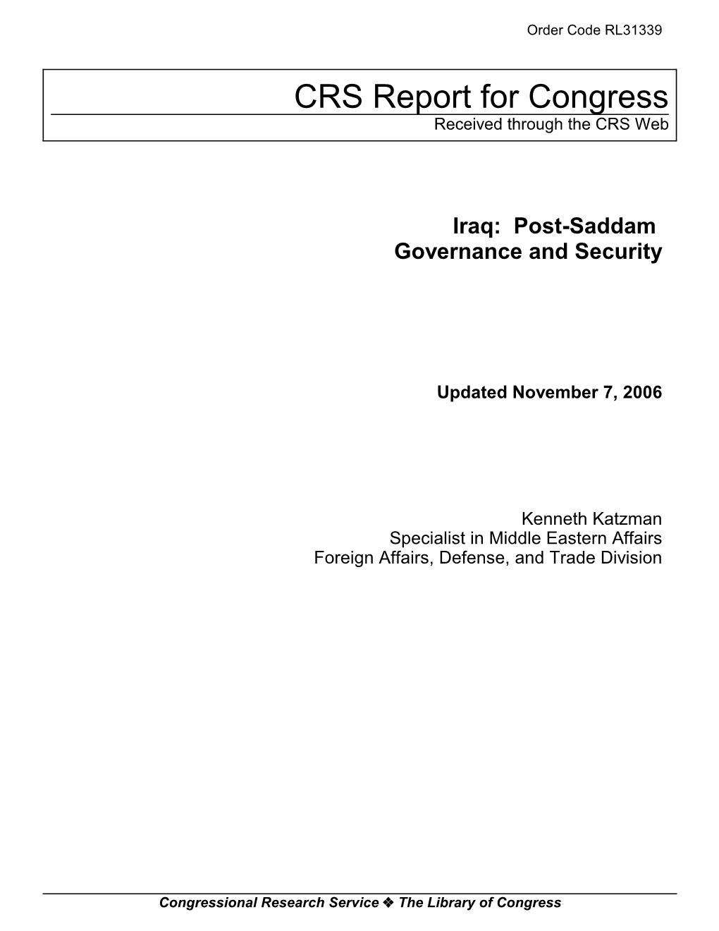 Iraq: Post-Saddam Governance and Security