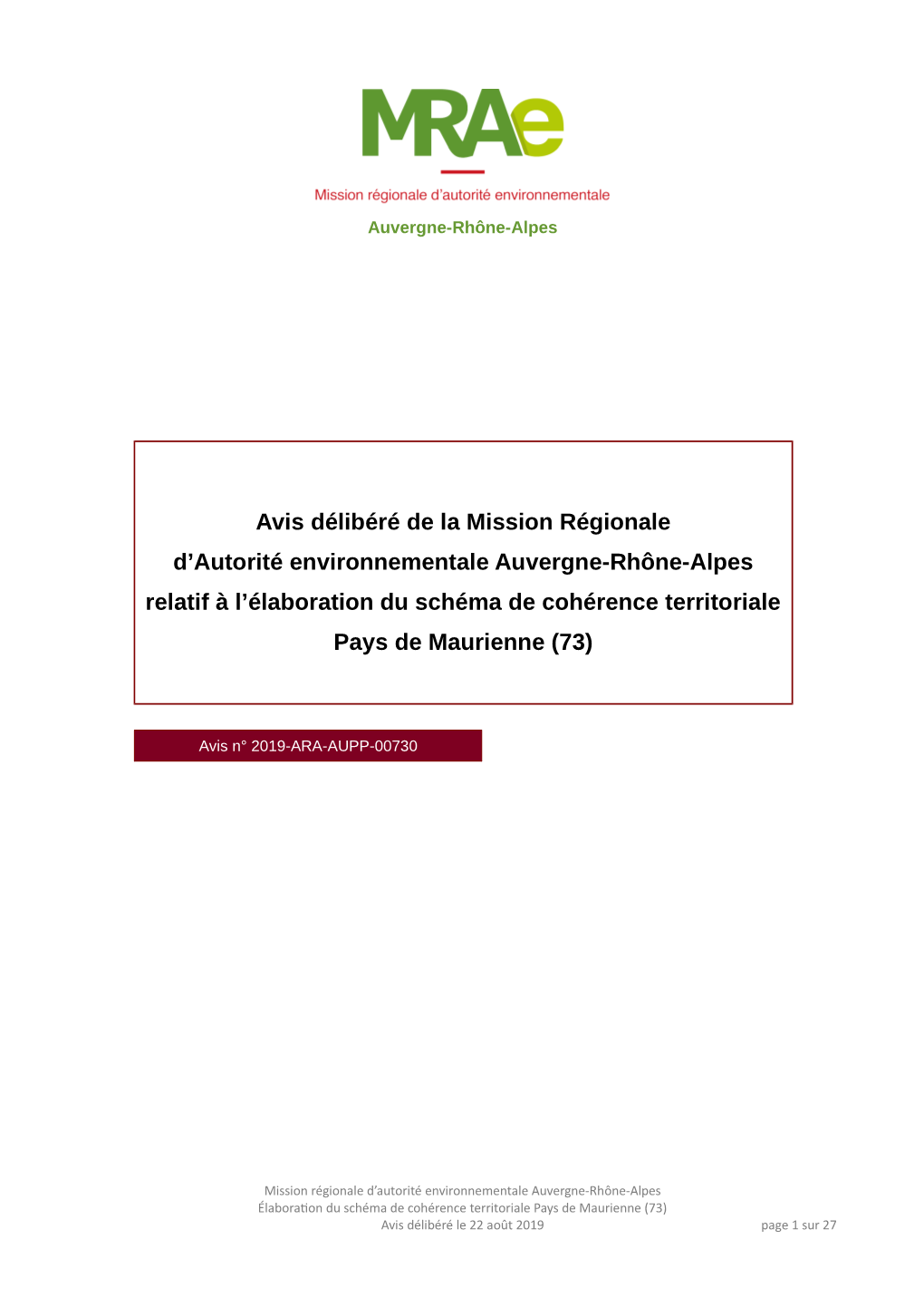 Avis Délibéré De La Mission Régionale D'autorité Environnementale Auvergne-Rhône-Alpes Relatif À L'élaboration Du Sc