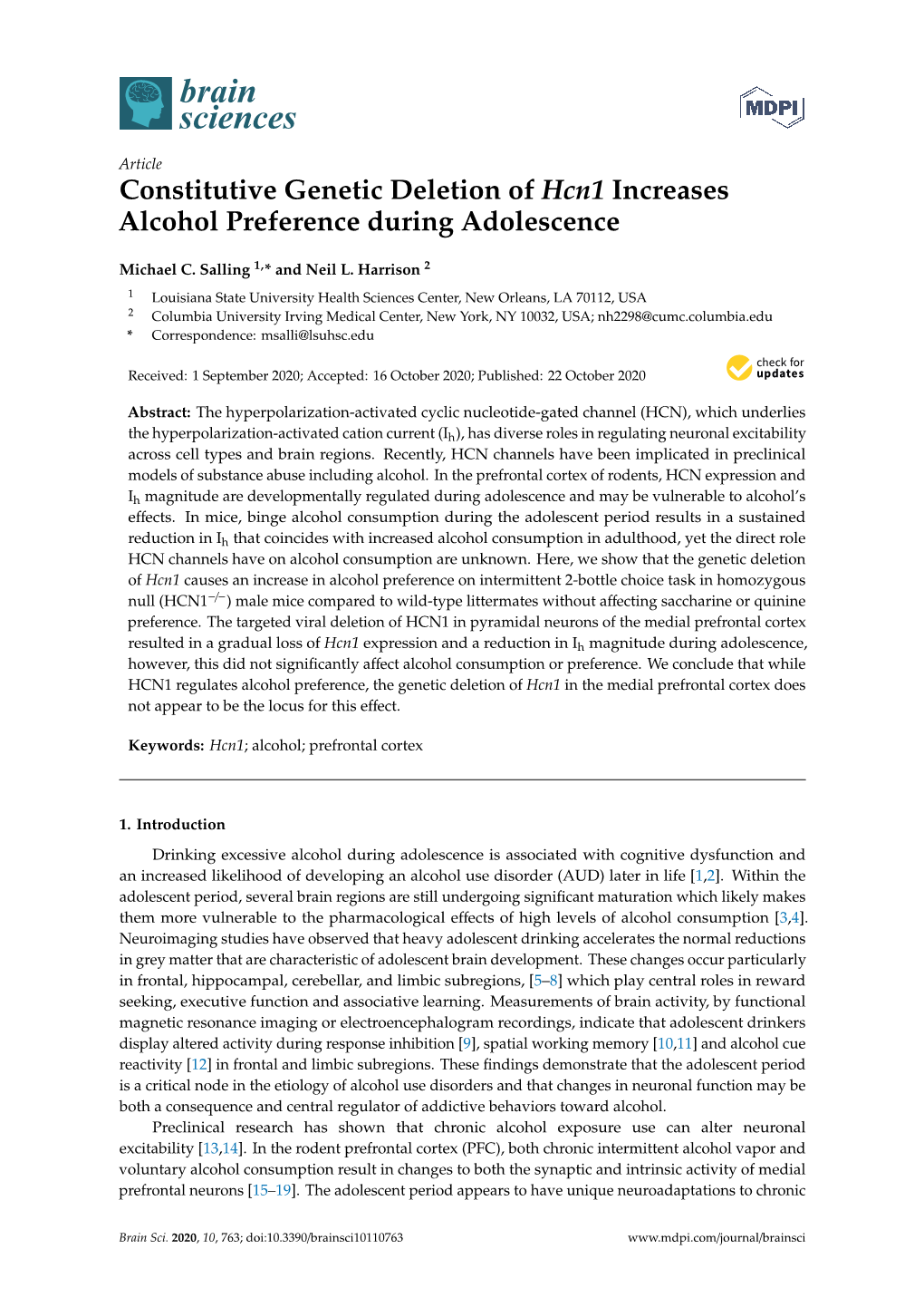 Constitutive Genetic Deletion of Hcn1 Increases Alcohol Preference During Adolescence