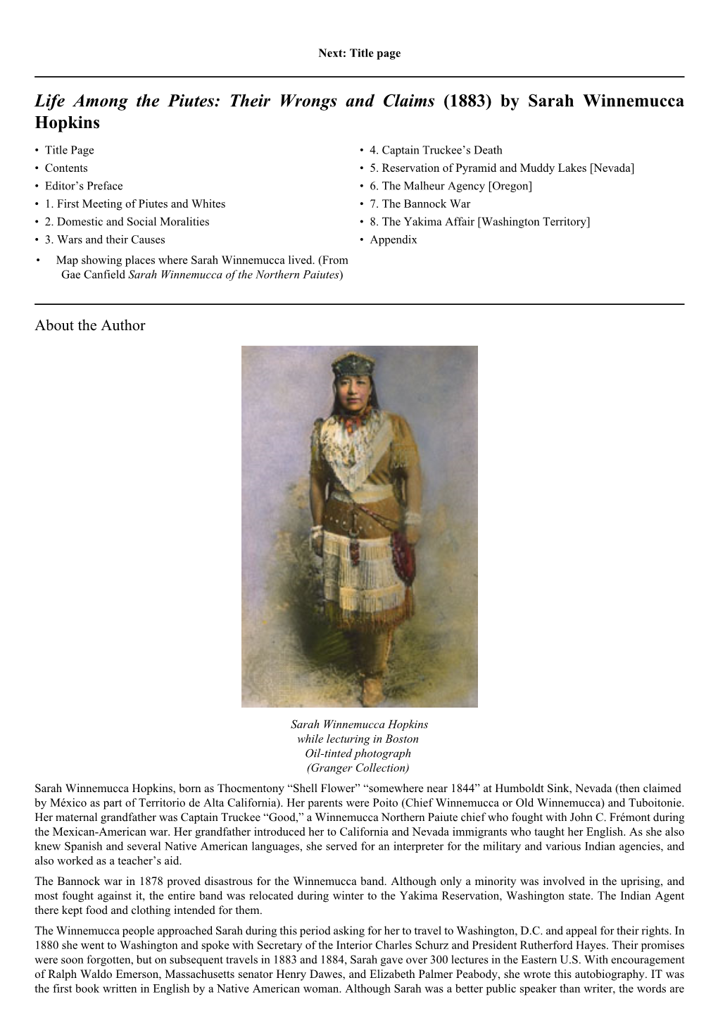 Life Among the Piutes: Their Wrongs and Claims (1883) by Sarah Winnemucca Hopkins