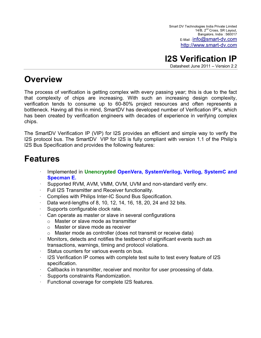 I2S Verification IP Overview Features