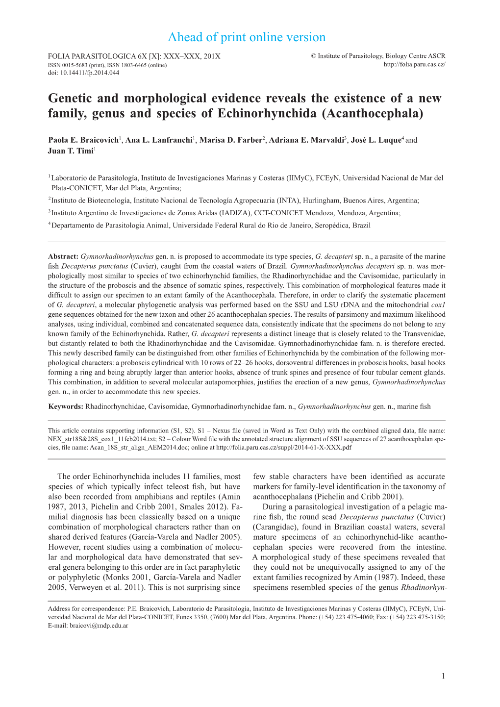 Ahead of Print Online Version Genetic and Morphological Evidence