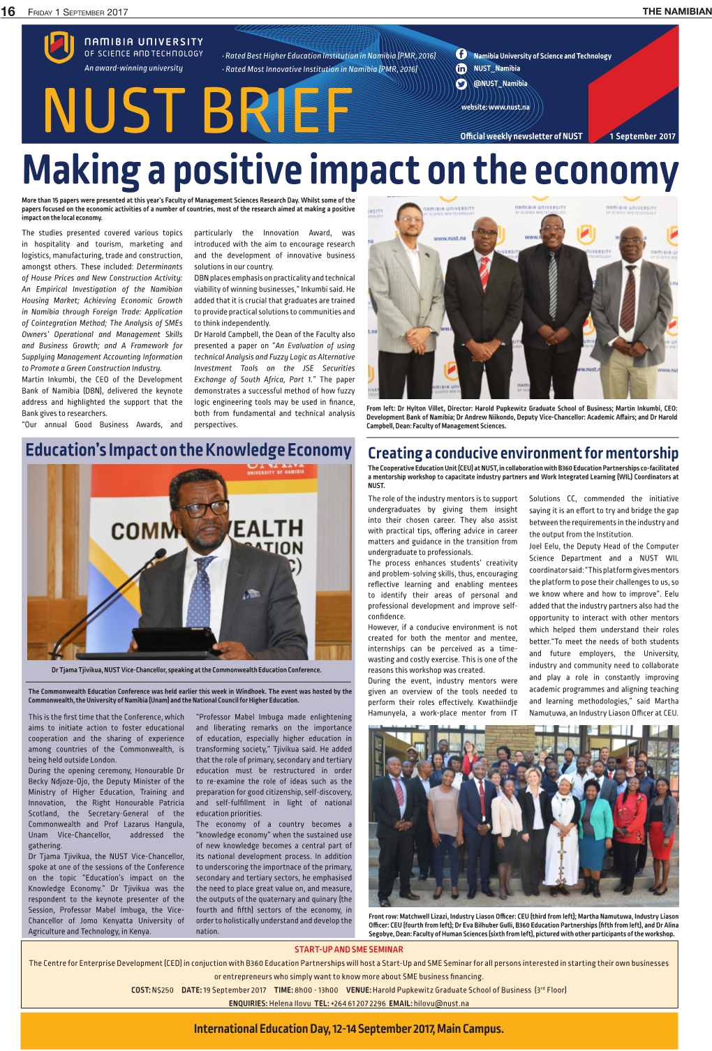 Making a Positive Impact on the Economy More Than 15 Papers Were Presented at This Year’S Faculty of Management Sciences Research Day