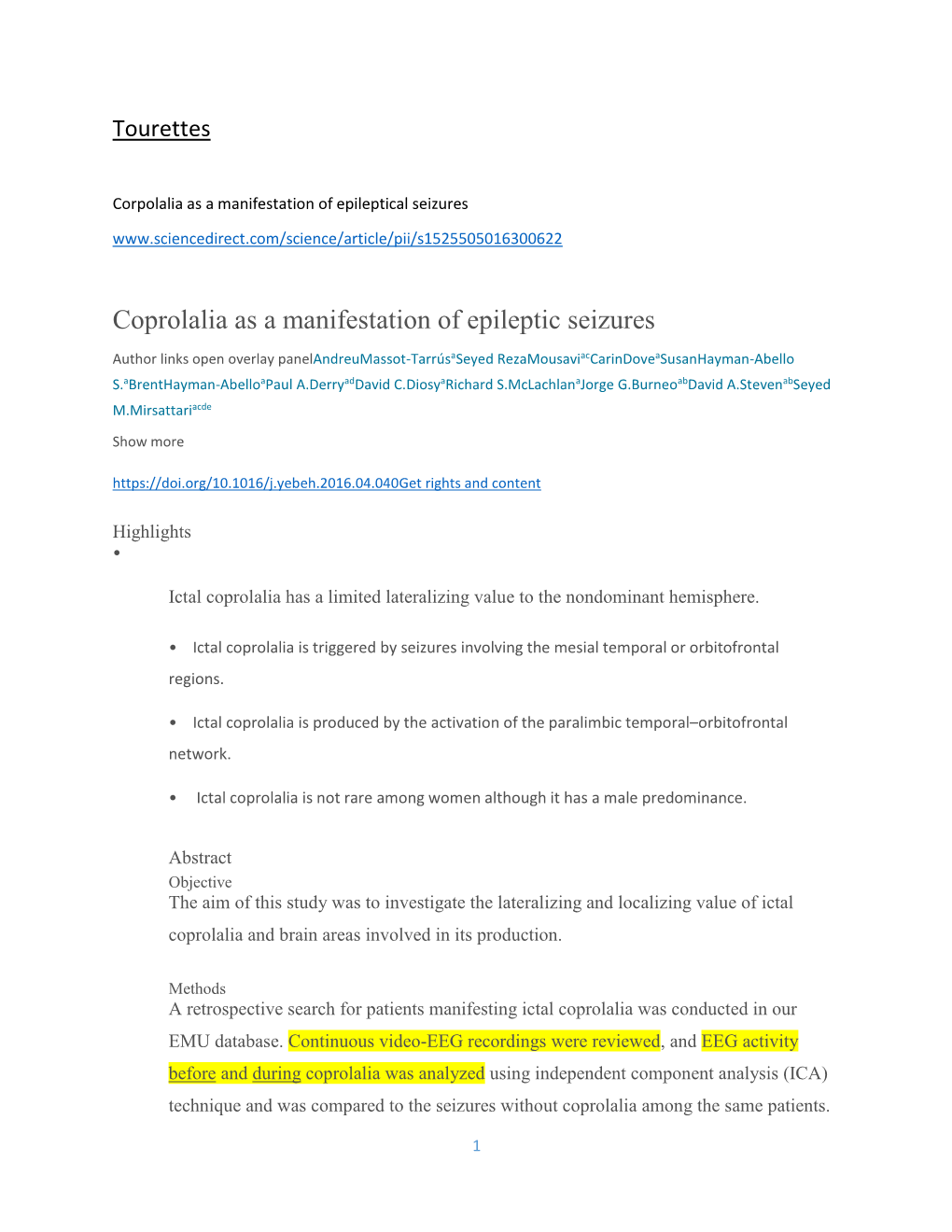 Coprolalia As a Manifestation of Epileptic Seizures