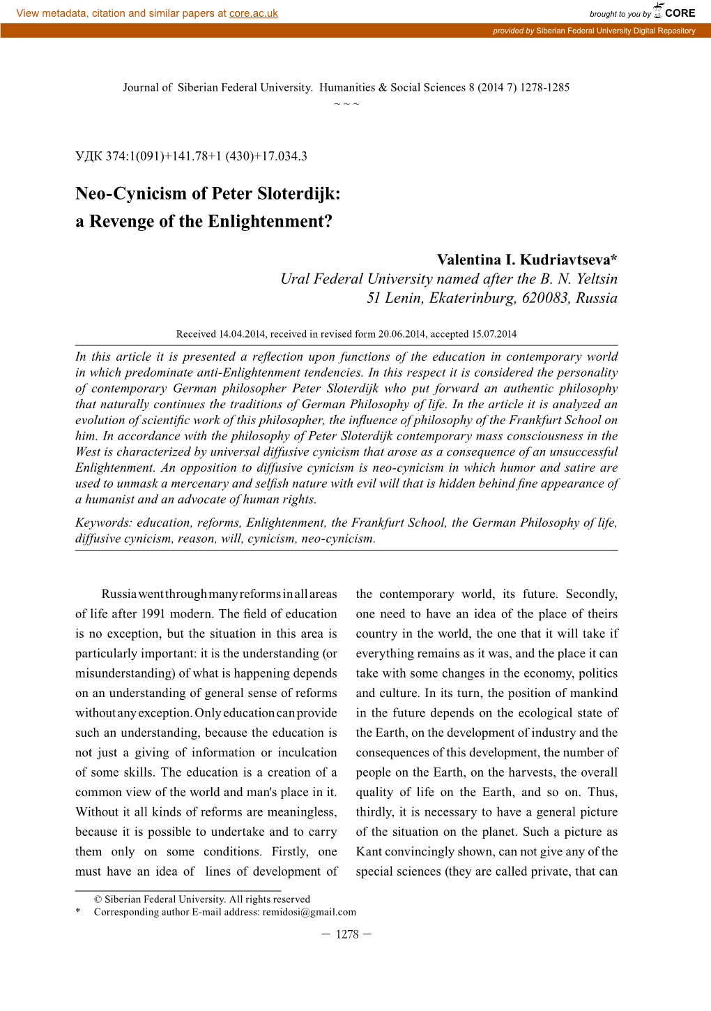 Neo-Cynicism of Peter Sloterdijk: a Revenge of the Enlightenment?