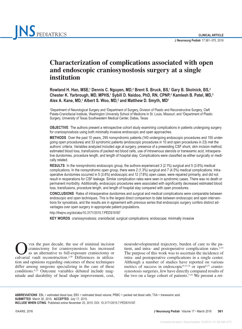 Characterization of Complications Associated with Open and Endoscopic Craniosynostosis Surgery at a Single Institution