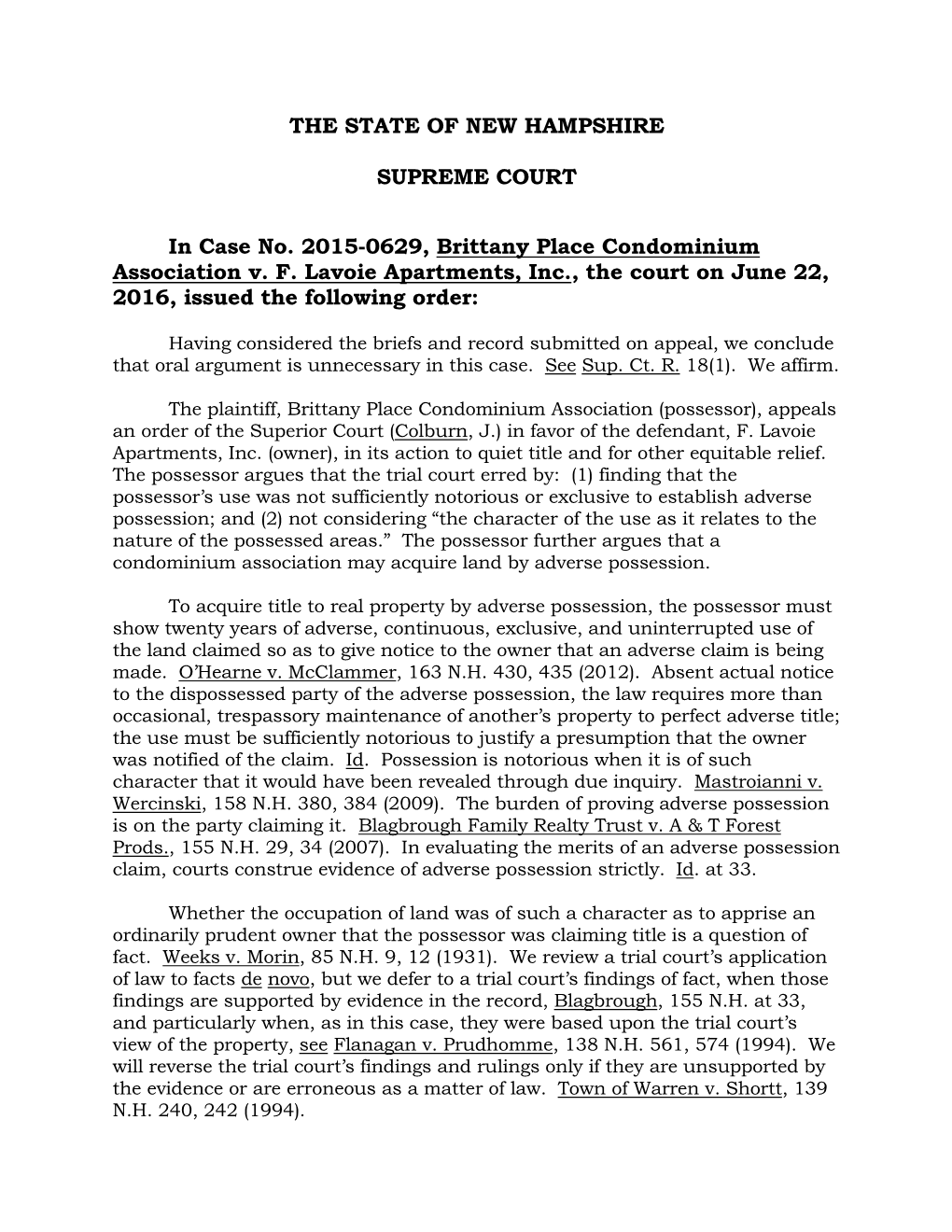 2015-0629, Brittany Place Condominium Association V. F