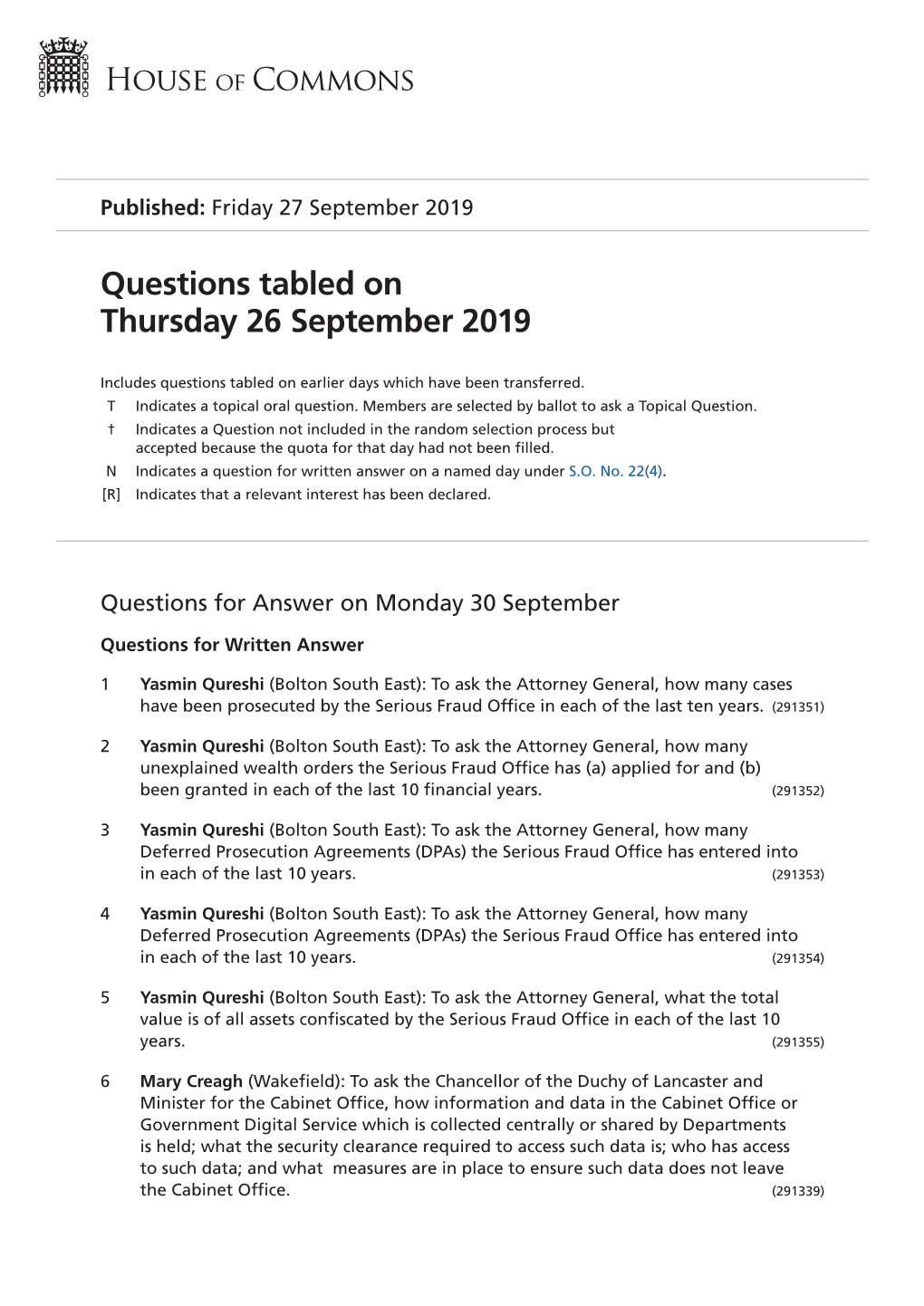 Questions Tabled on Thu 26 Sep 2019