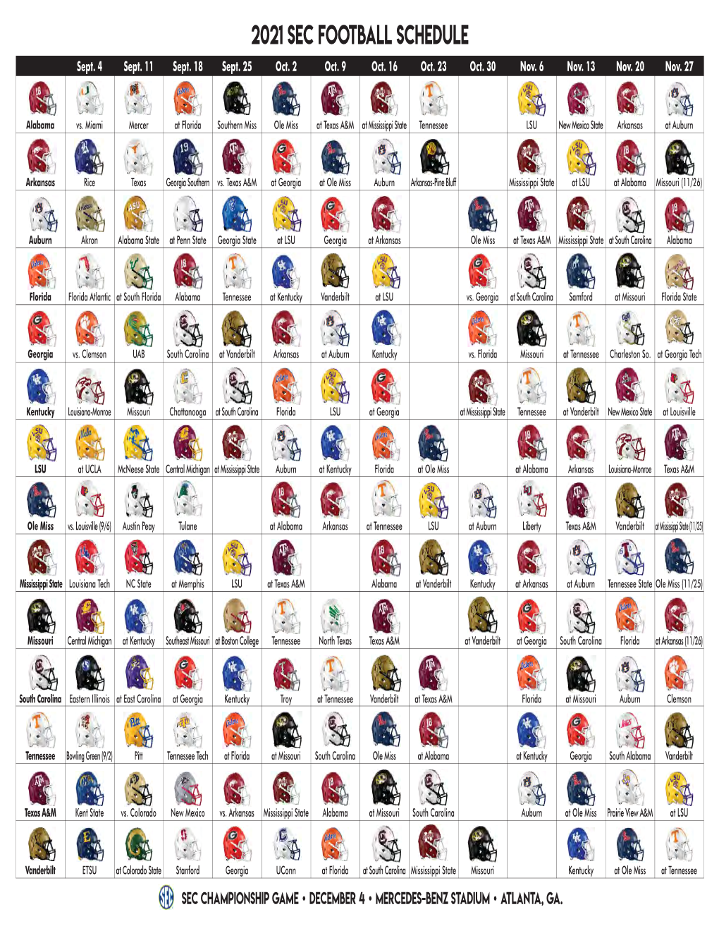 2021 SEC Football Helmet Schedule