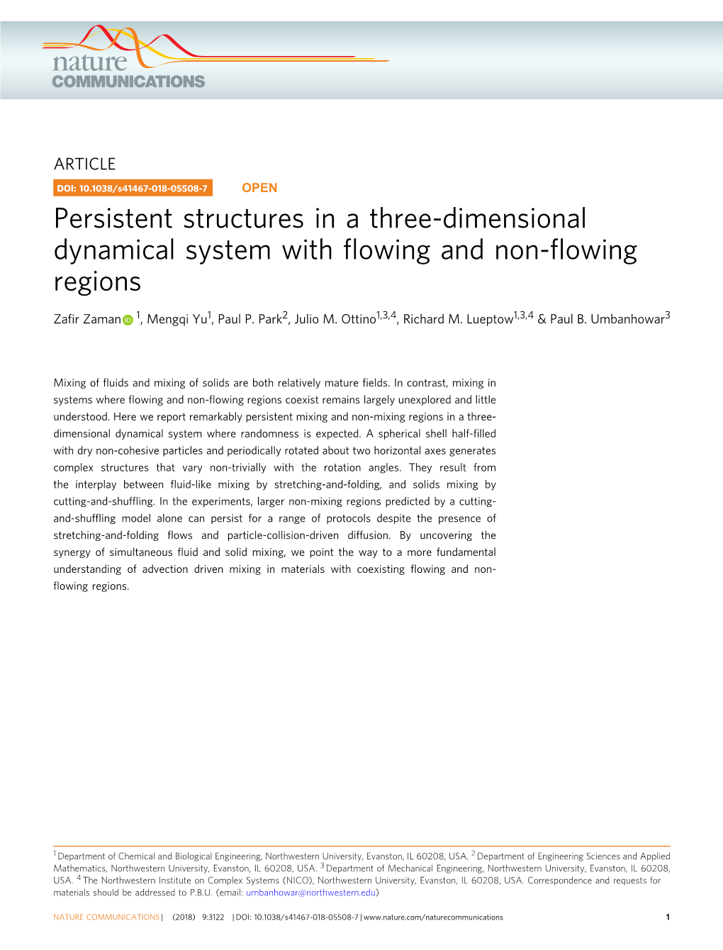 Persistent Structures in a Three-Dimensional Dynamical System with ﬂowing and Non-ﬂowing Regions