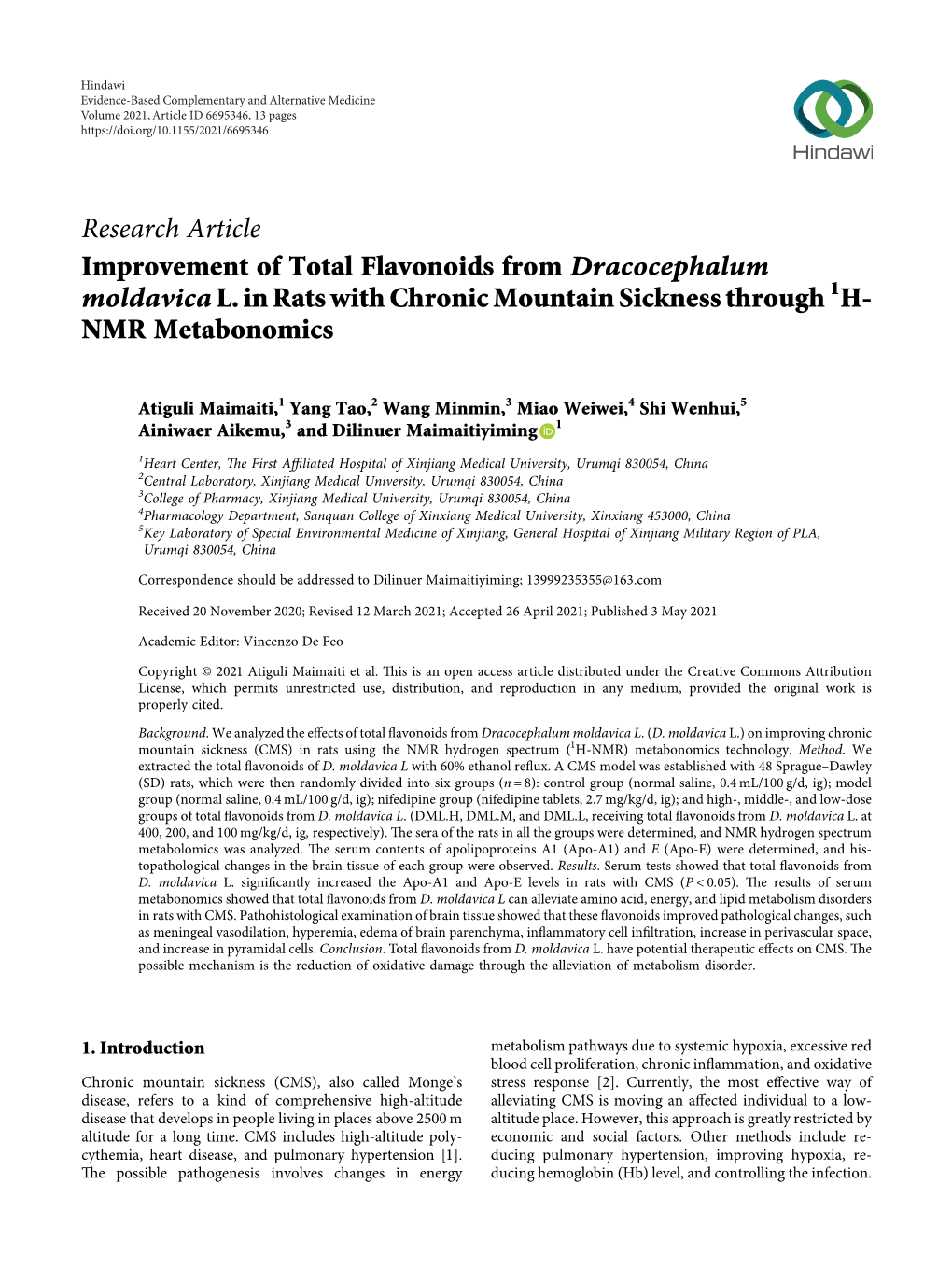 Improvement of Total Flavonoids from Dracocephalum Moldavica L. in Rats with Chronic Mountain Sickness Through 1H- NMR Metabonomics