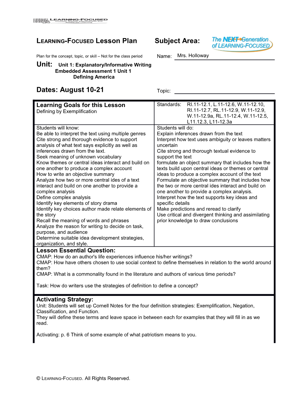 Learning-Focused Lesson Plan Subject Area: Plan for the Concept, Topic, Or Skill Not For