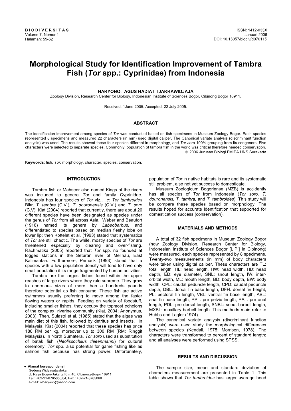 Morphological Study for Identification Improvement of Tambra Fish (Tor Spp.: Cyprinidae) from Indonesia