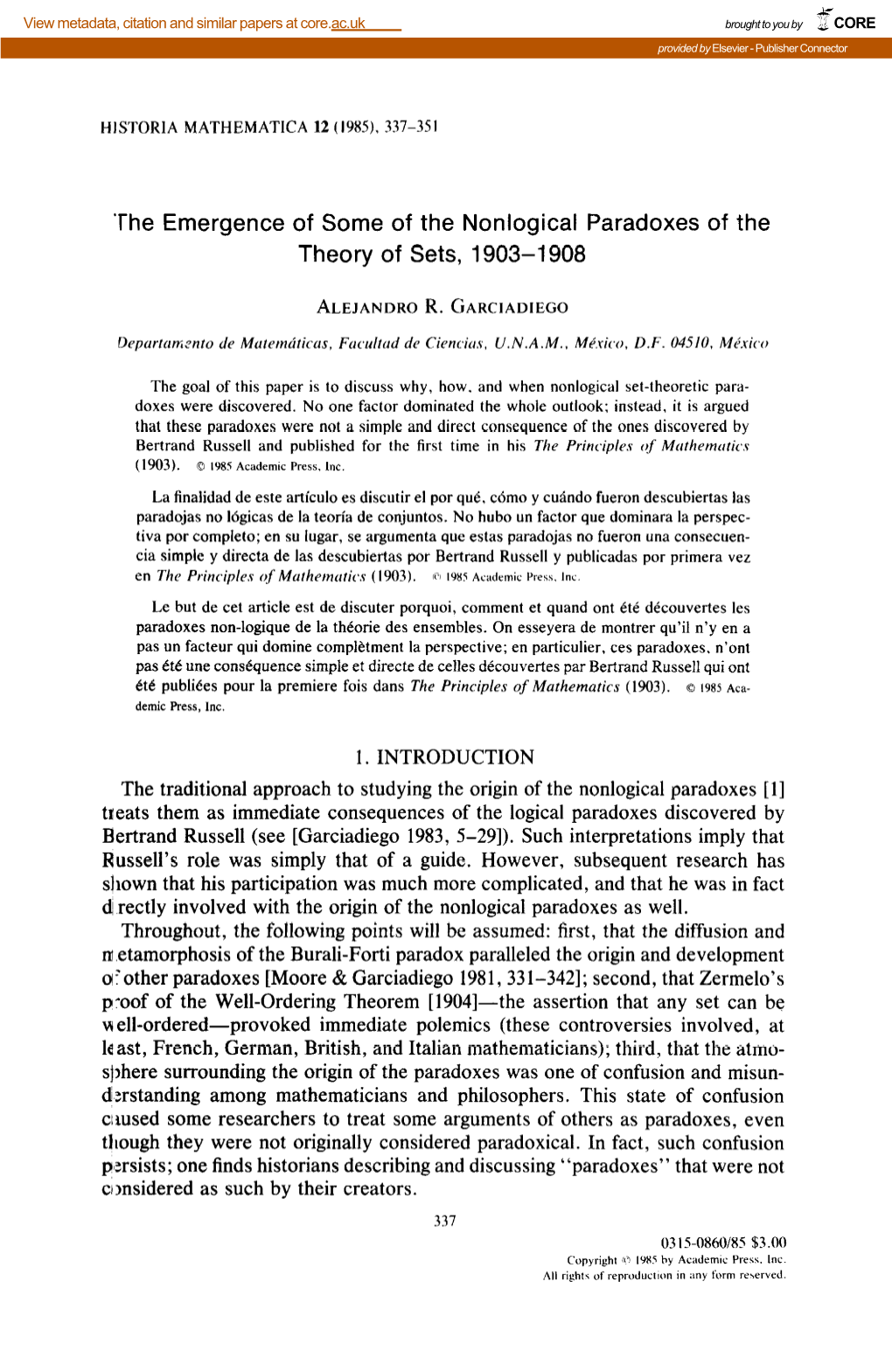 The Emergence of Some of the Nonlogical Paradoxes of the Theory of Sets, 1903-1908