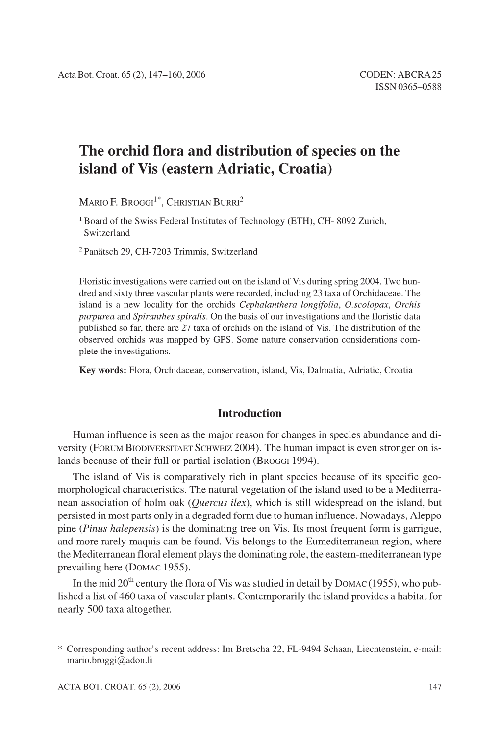 The Orchid Flora and Distribution of Species on the Island of Vis (Eastern Adriatic, Croatia)