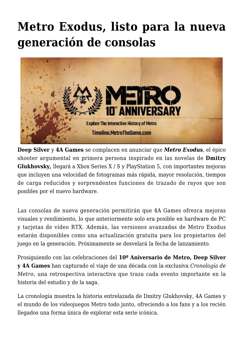 Metro Exodus, Listo Para La Nueva Generación De Consolas