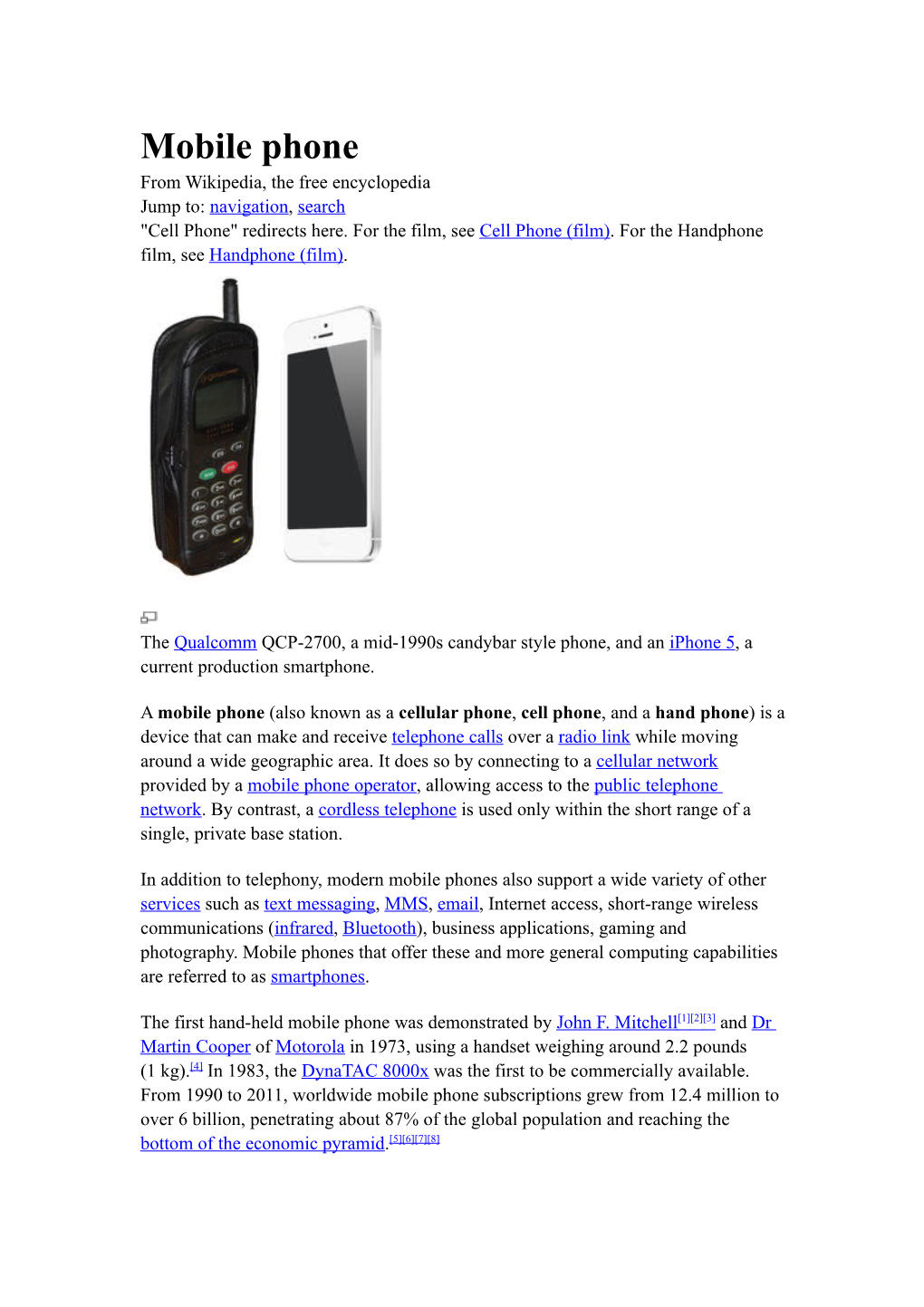 Mobile Phone from Wikipedia, the Free Encyclopedia Jump To: Navigation, Search 