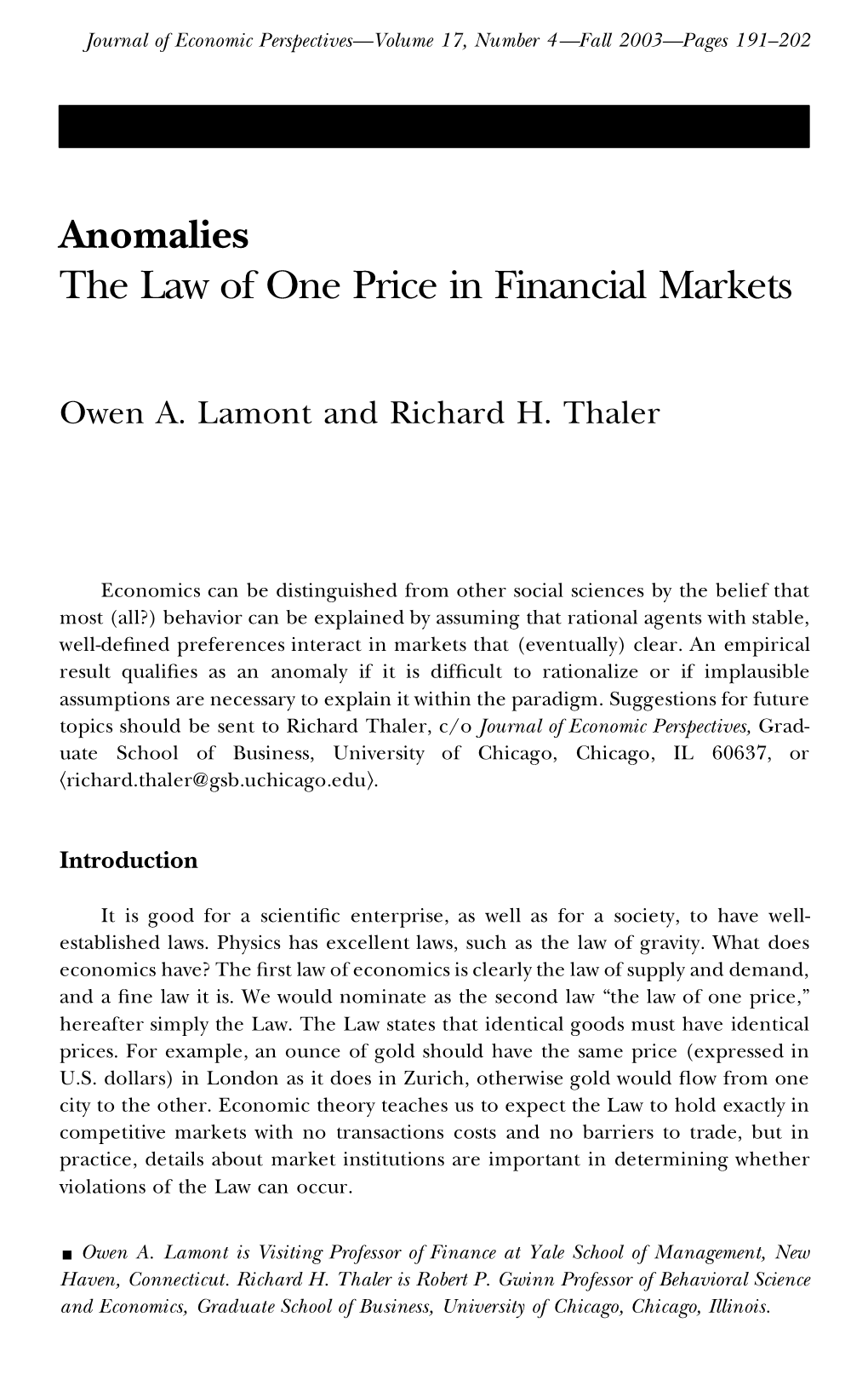 Anomalies Thelawofo Nepriceinfinancialmarkets