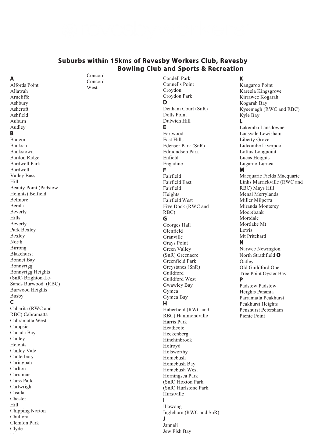 Suburbs Within 15Kms of Revesby Workers Club, Revesby Bowling Club and Sports & Recreation Club