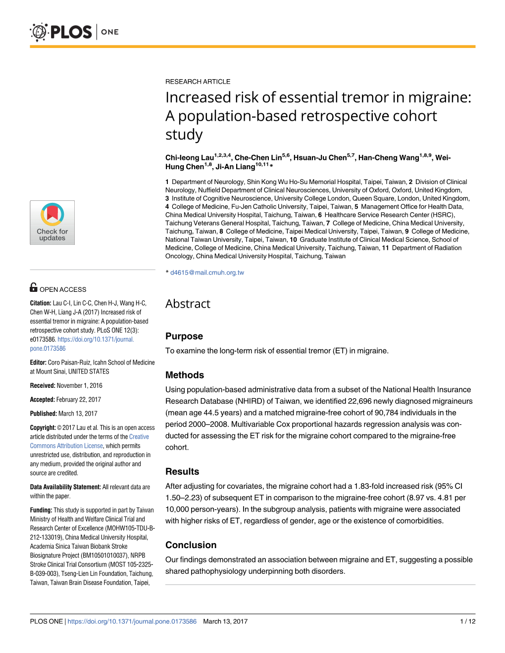 Increased Risk of Essential Tremor in Migraine: a Population-Based Retrospective Cohort Study