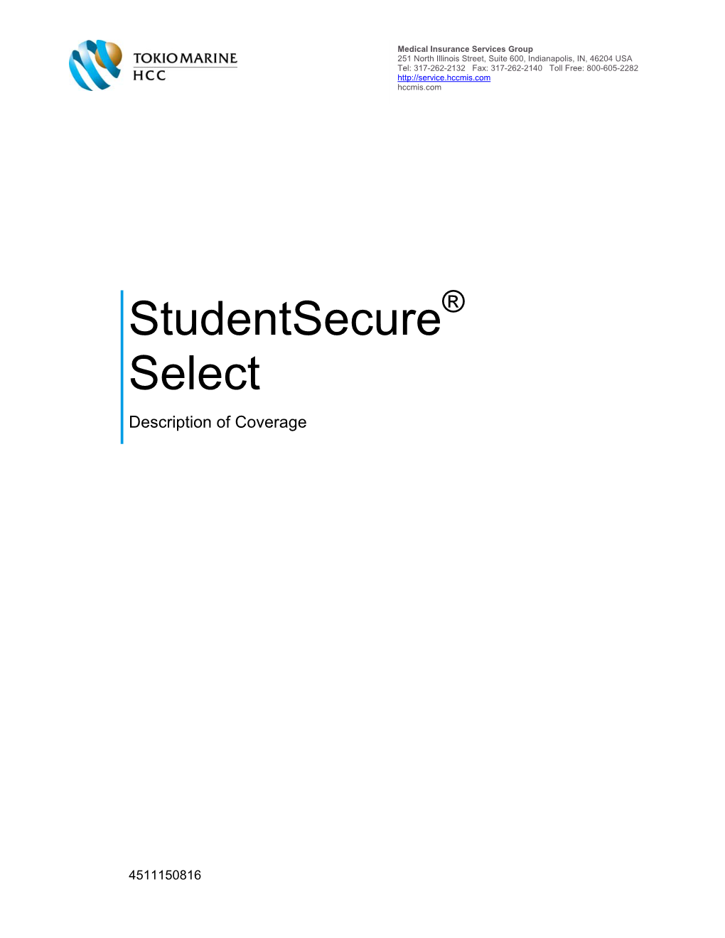 Studentsecure Select Description of Coverage | Tokio Marine HCC Medical Insurance Services Group