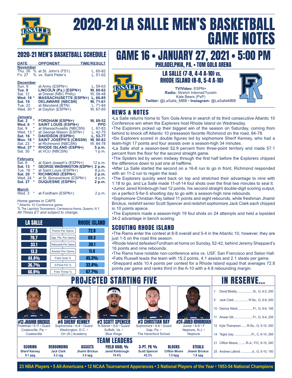 2020-21 La Salle Men's Basketball Game Notes