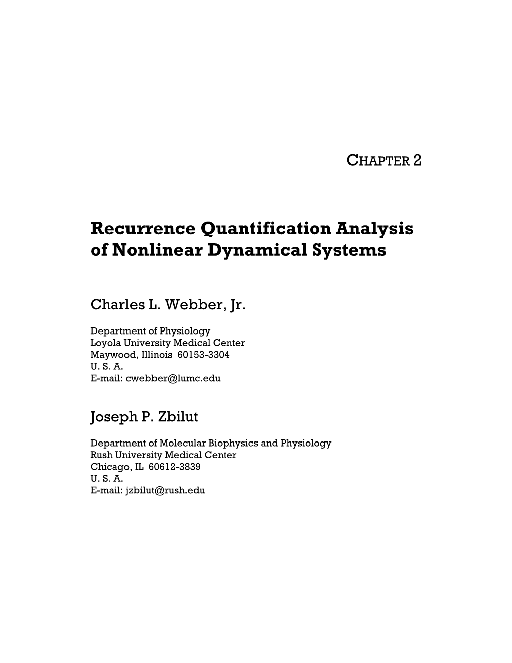 Chapter 2. Recurrence Quantification Analysis of Nonlinear Dynamical Systems