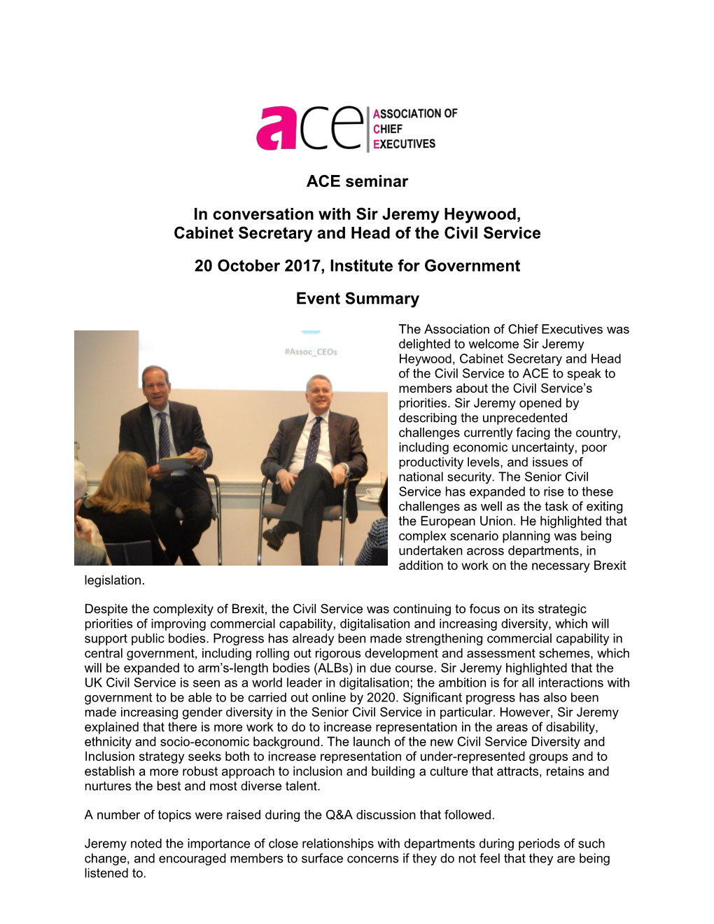 ACE Seminar in Conversation with Sir Jeremy Heywood, Cabinet