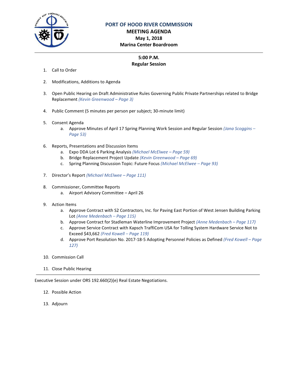 PORT of HOOD RIVER COMMISSION MEETING AGENDA May 1, 2018 Marina Center Boardroom