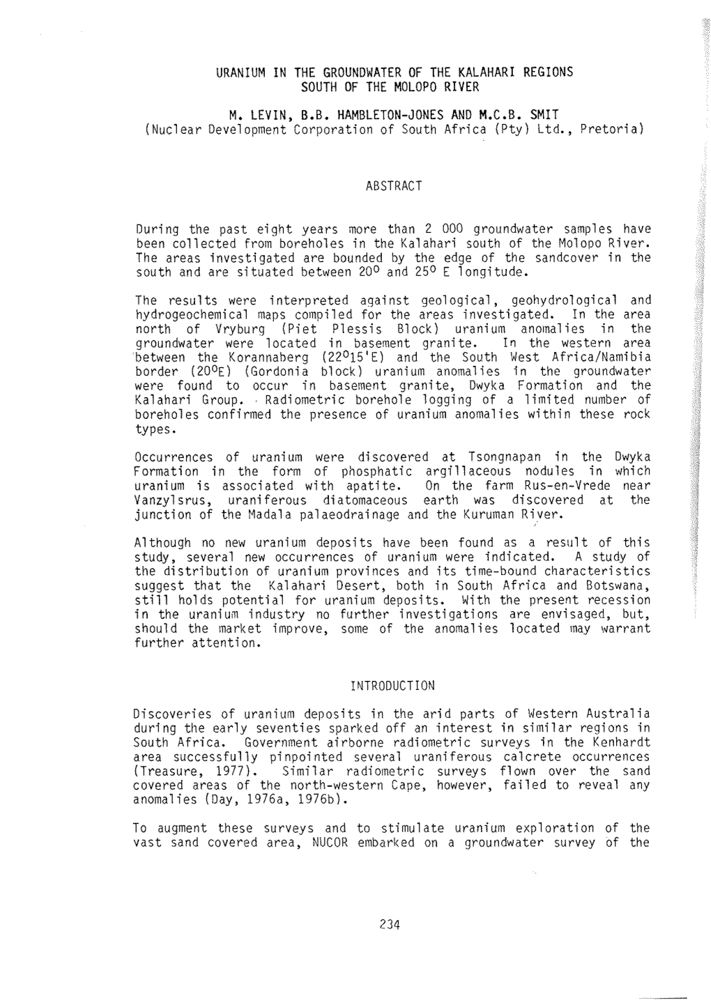 Uranium in the Groundwater of the Kalahari Regions South of the Molopo River M