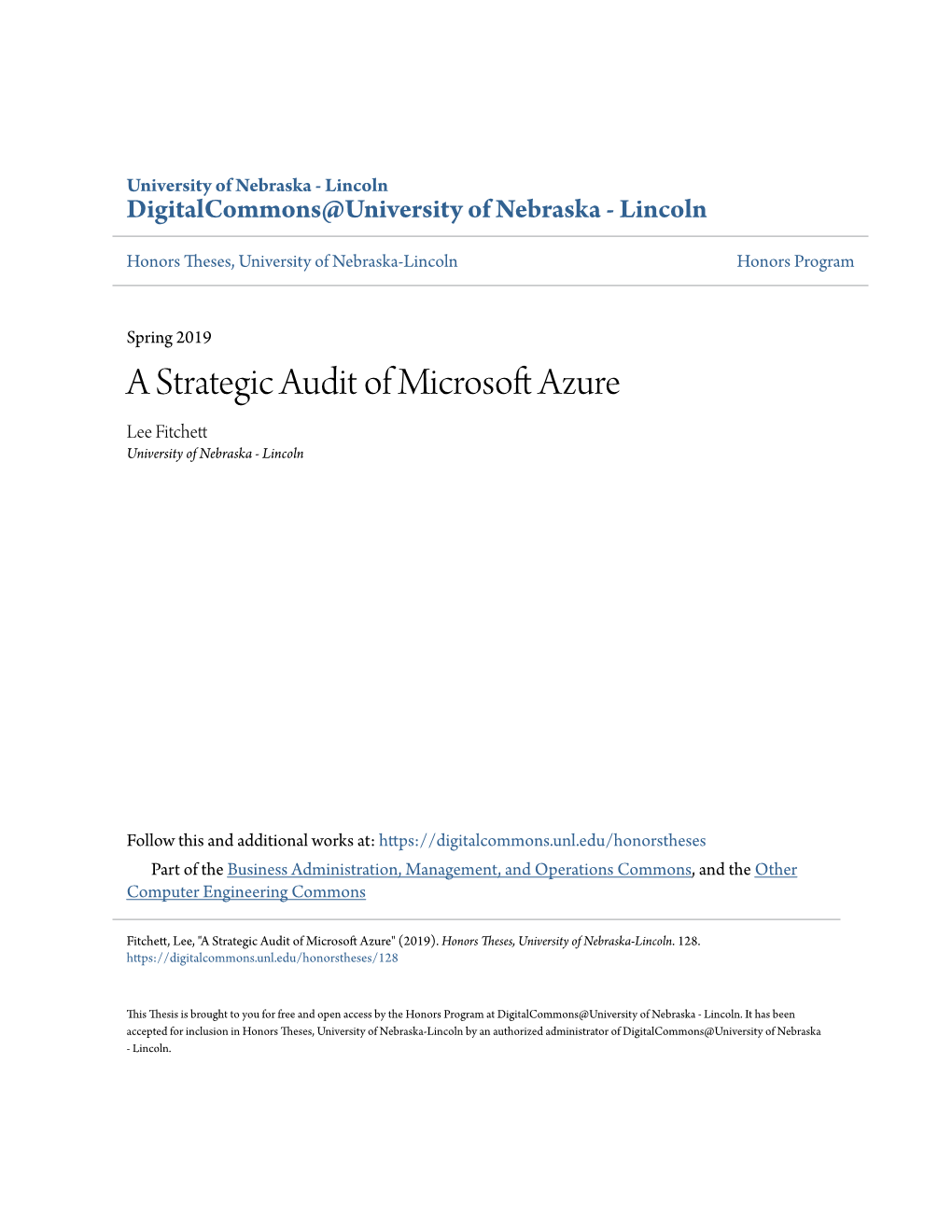 A Strategic Audit of Microsoft Azure Lee Fitchett University of Nebraska - Lincoln