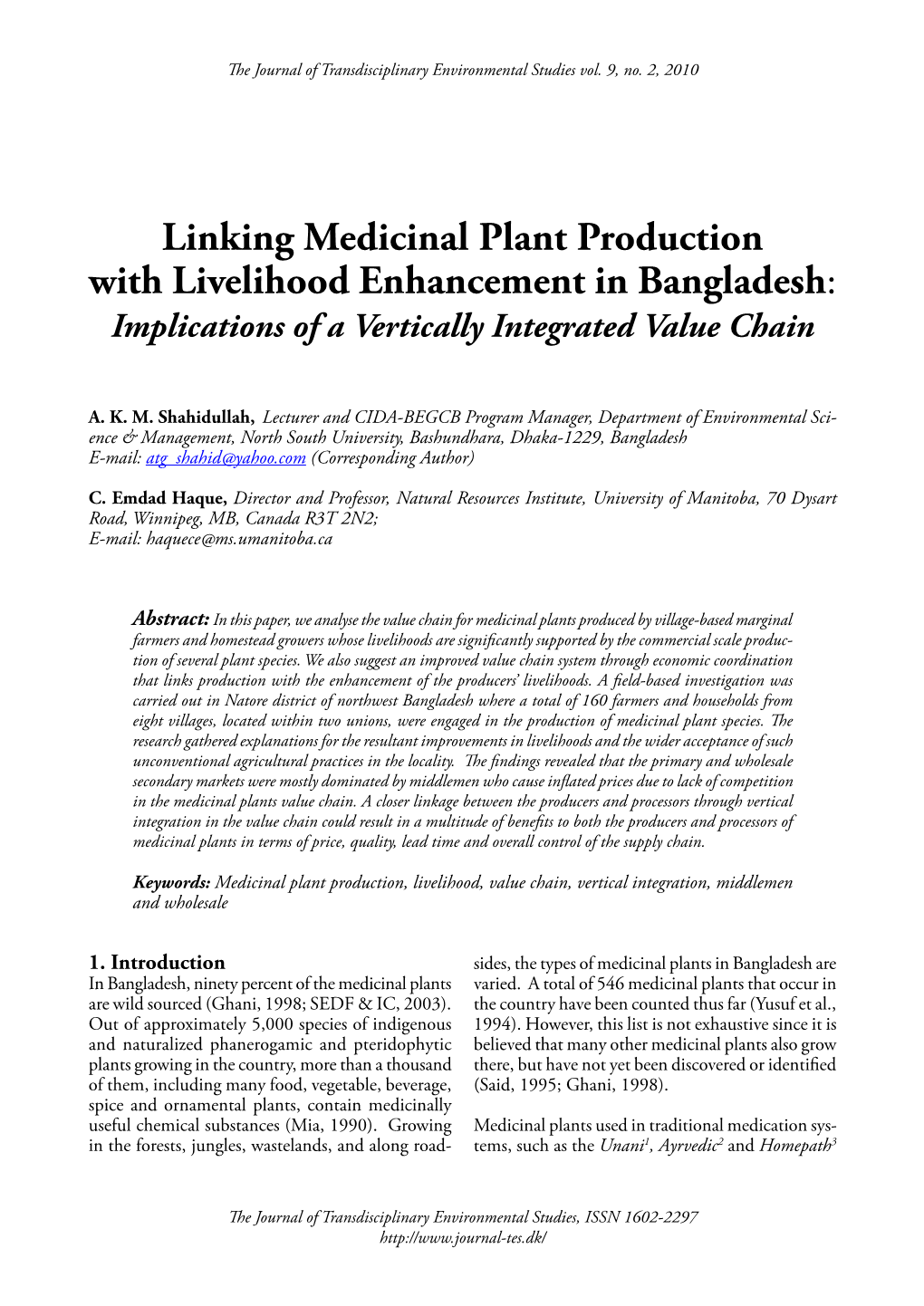 Linking Medicinal Plant Production with Livelihood Enhancement in Bangladesh: Implications of a Vertically Integrated Value Chain
