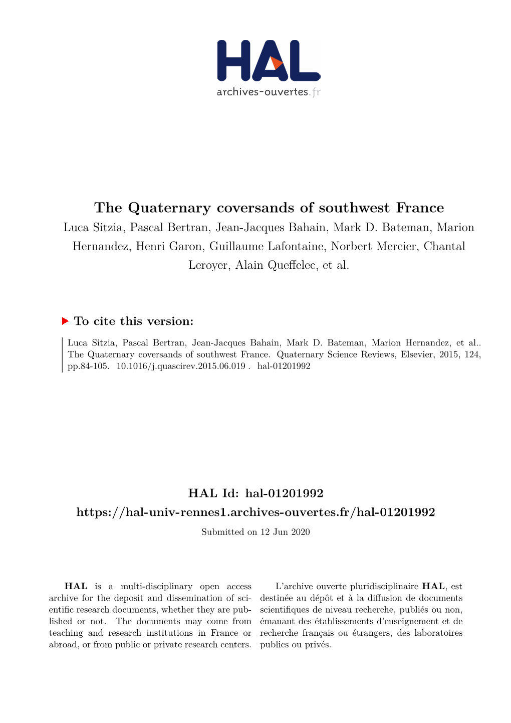 The Quaternary Coversands of Southwest France Luca Sitzia, Pascal Bertran, Jean-Jacques Bahain, Mark D