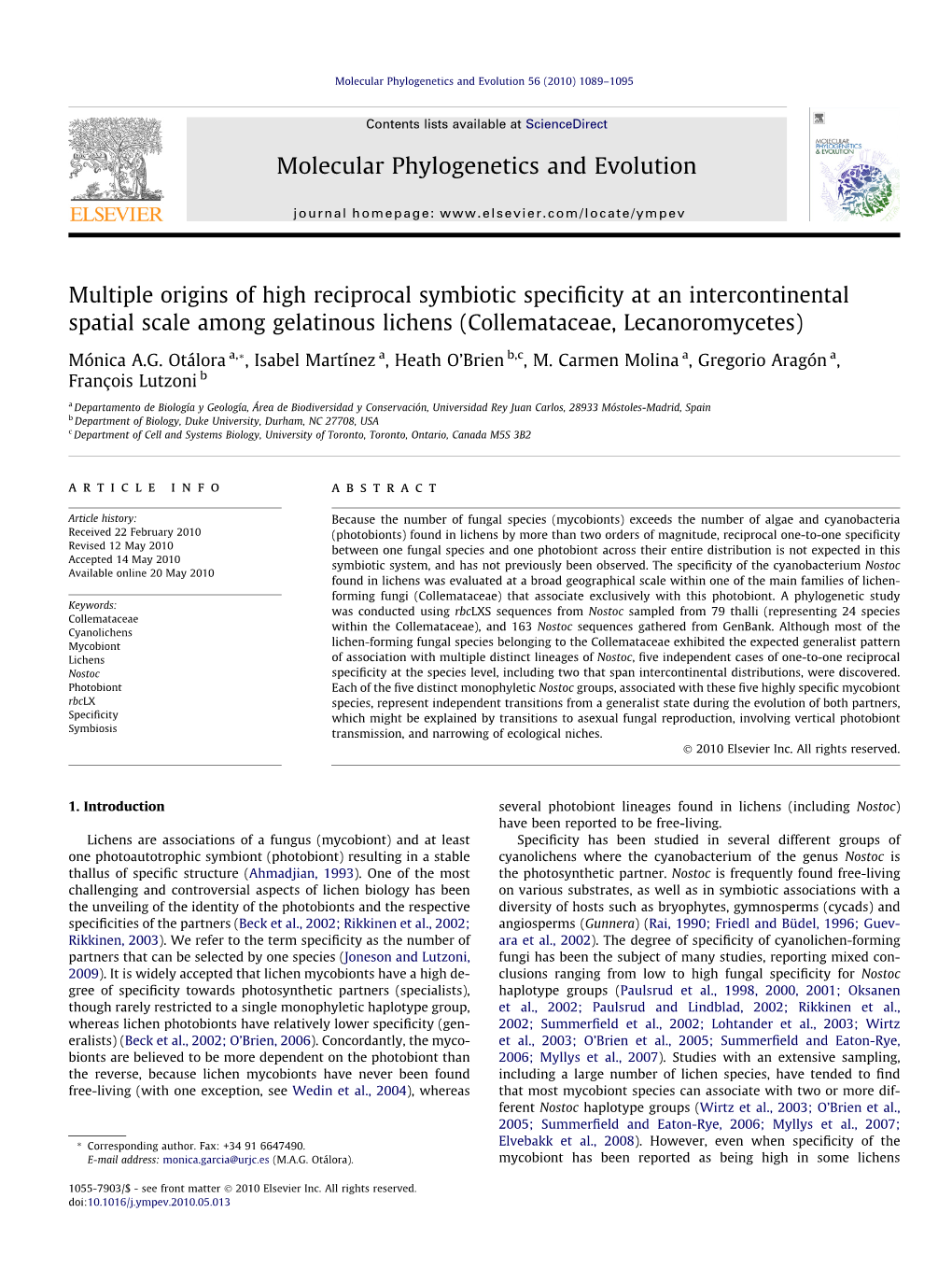 Molecular Phylogenetics and Evolution 56 (2010) 1089–1095