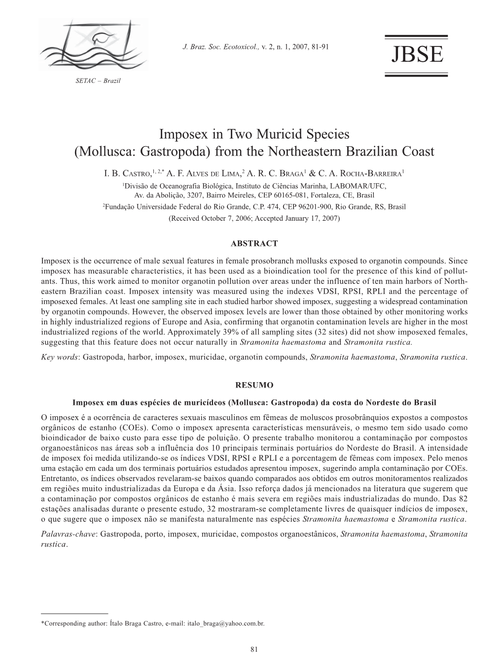 Imposex in Two Muricid Species (Mollusca: Gastropoda) from the Northeastern Brazilian Coast