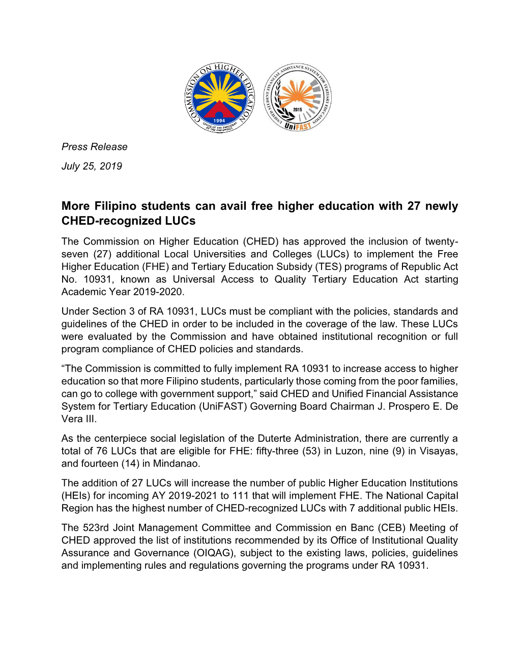 Filipino Students Can Avail Free Higher Education with 27 Newly