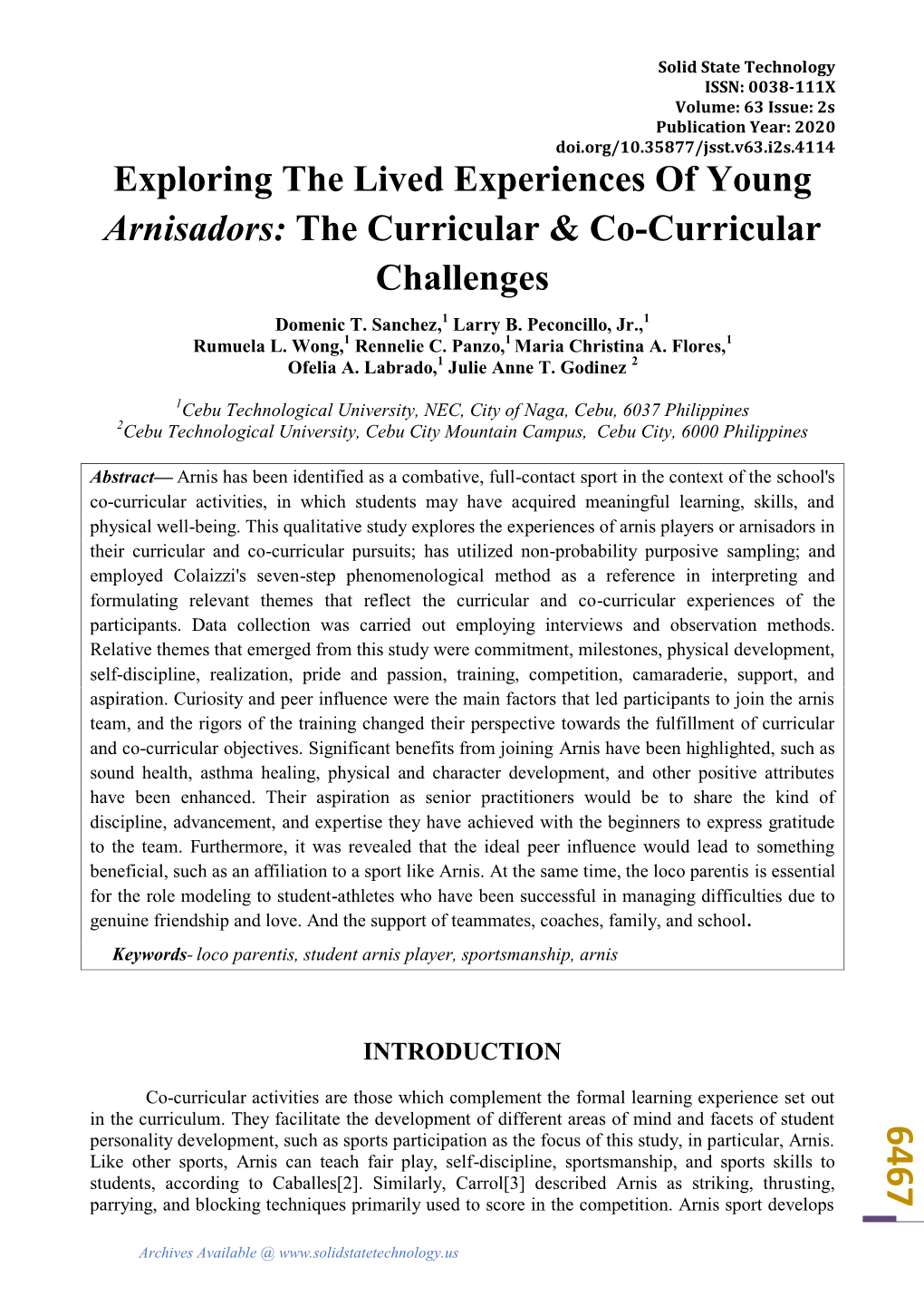 Exploring the Lived Experiences of Young Arnisadors: the Curricular & Co-Curricular Challenges Domenic T