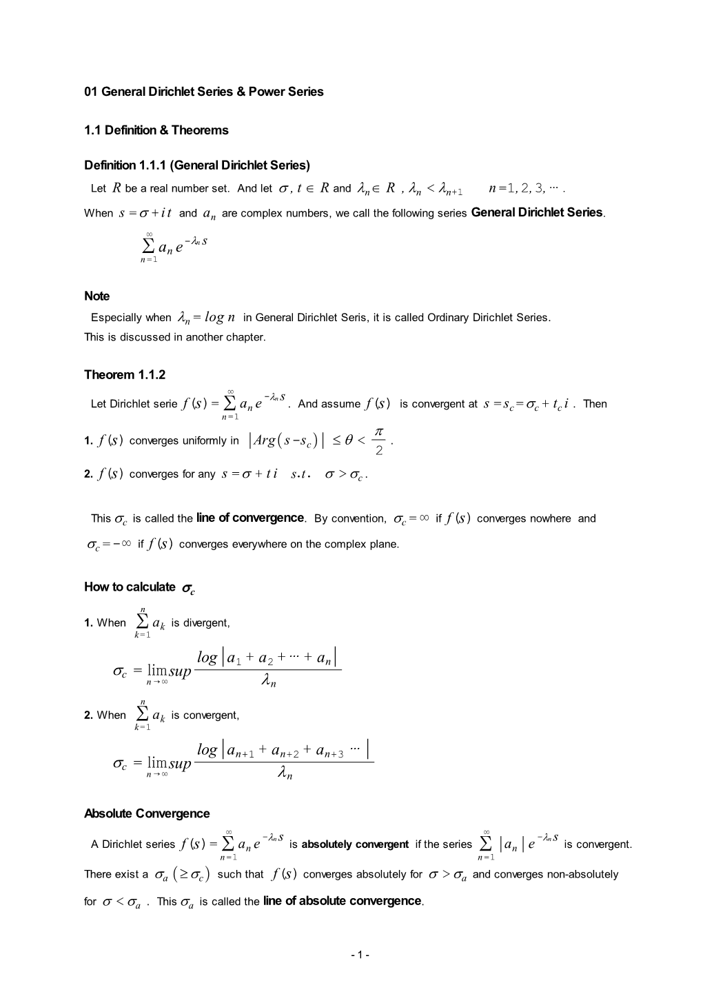 01 General Dirichlet Series & Power Series