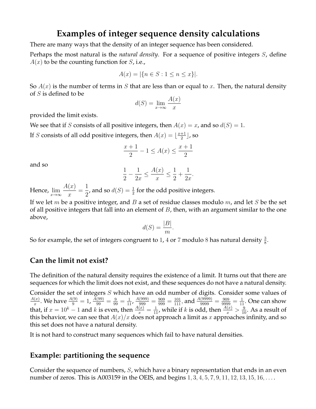 Examples of Integer Sequence Density Calculations There Are Many Ways That the Density of an Integer Sequence Has Been Considered