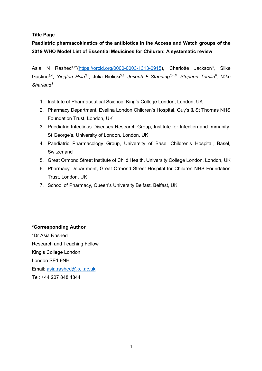 1 Title Page Paediatric Pharmacokinetics of the Antibiotics in the Access and Watch Groups of the 2019 WHO Model List of Essent