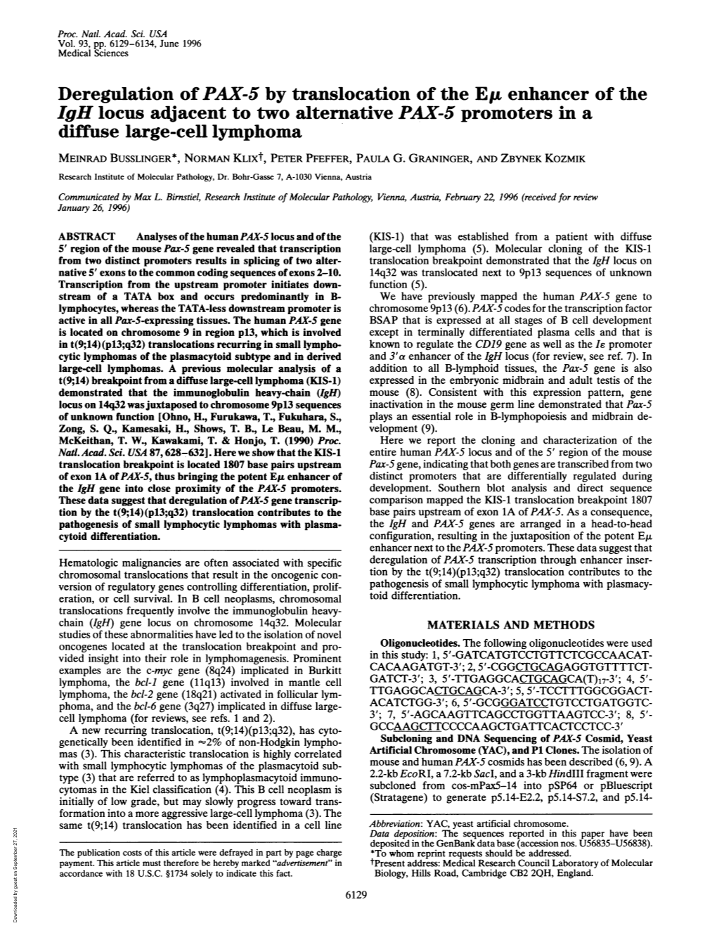 Diffuse Large-Cell Lymphoma MEINRAD BUSSLINGER*, NORMAN Klixt, PETER PFEFFER, PAULA G