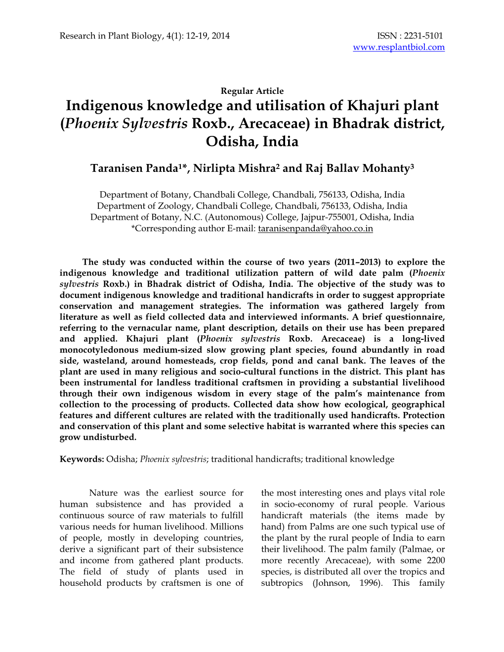 Indigenous Knowledge and Utilisation of Khajuri Plant (Phoenix Sylvestris Roxb., Arecaceae) in Bhadrak District, Odisha, India