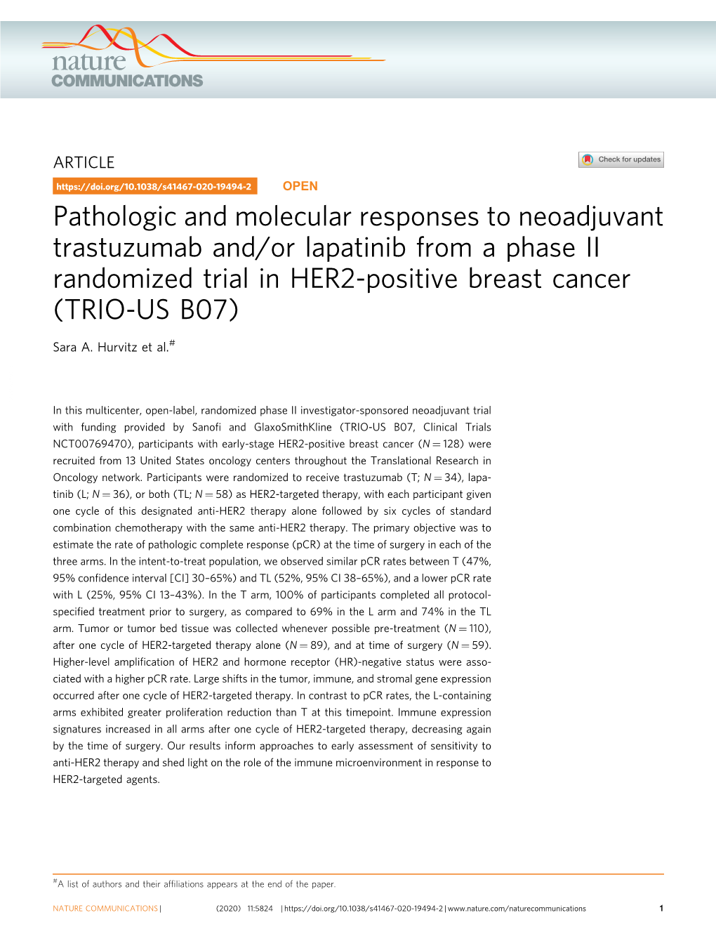 Pathologic and Molecular Responses to Neoadjuvant Trastuzumab And/Or Lapatinib from a Phase II Randomized Trial in HER2-Positive Breast Cancer (TRIO-US B07)