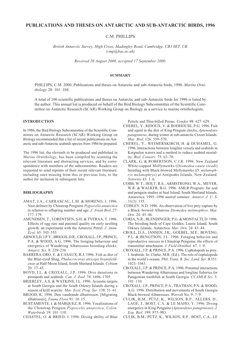 Publications and Theses on Antarctic and Sub-Antarctic Birds, 1996
